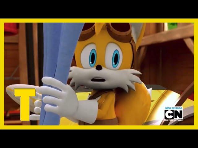 Sonic making a mess of papers in Tails’s workshop | Sonic Boom