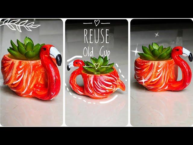 Turn an old cup into a flamingo planter/Reuse old cup