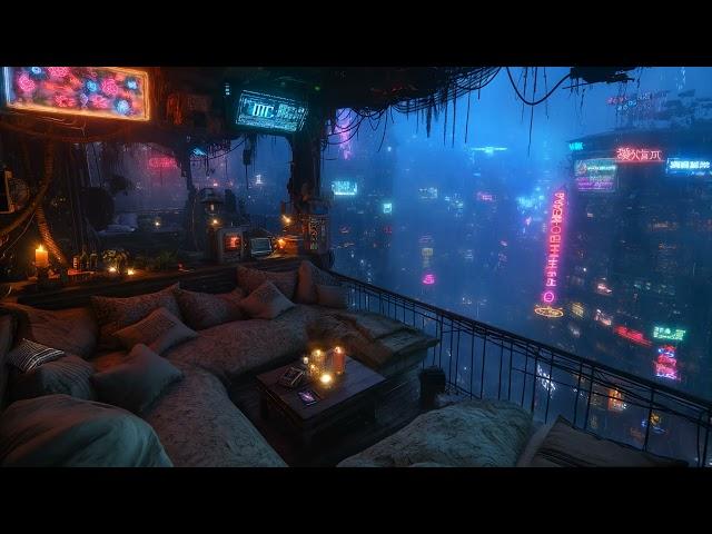  Cozy Balcony Oasis: Rain and Ambient Music | Cyberpunk Bedroom above the City | 4K | 10 hours