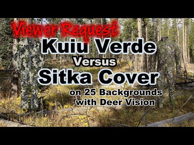 Kuiu Verde Vs Sitka Cover hunting camo in Human and Deer Vision on 25 Backgrounds