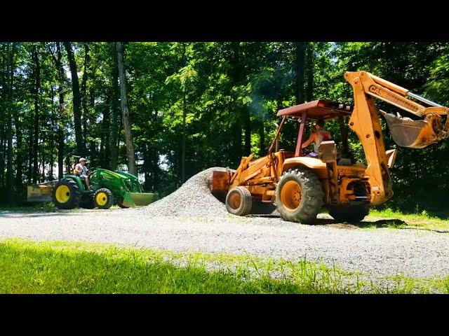 Spreading Gravel on the Farm: Case backhoe and John Deere compact tractor team up!