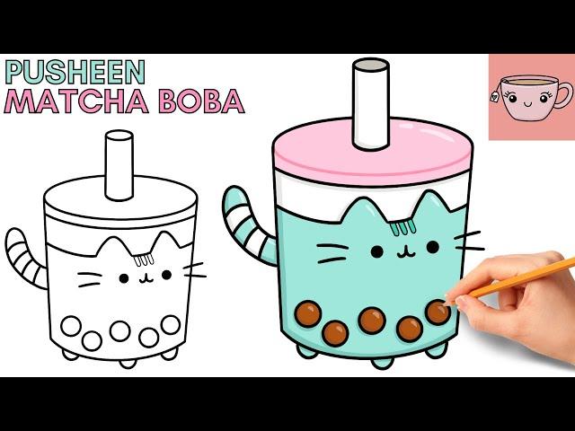 How To Draw Pusheen Cat - Matcha Boba Bubble Tea | Cute Easy Step By Step Drawing Tutorial