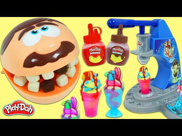 Feeding Mr. Play Doh Head Play Dough Ice Cream Swirls & Dessert with Drizzle Syrup!