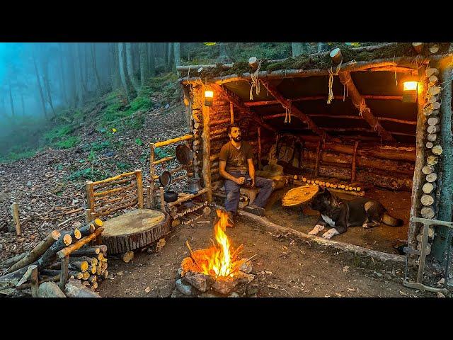 Building a Bushcraft Big Shelter for SURVIVAL in the Wild 3 Days. Mushroom Cooking. Camping Asmr