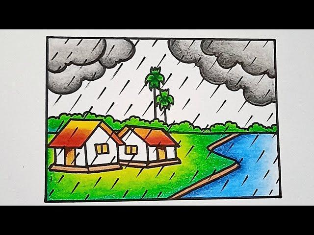 easy rainy season village scenery drawing || step by step