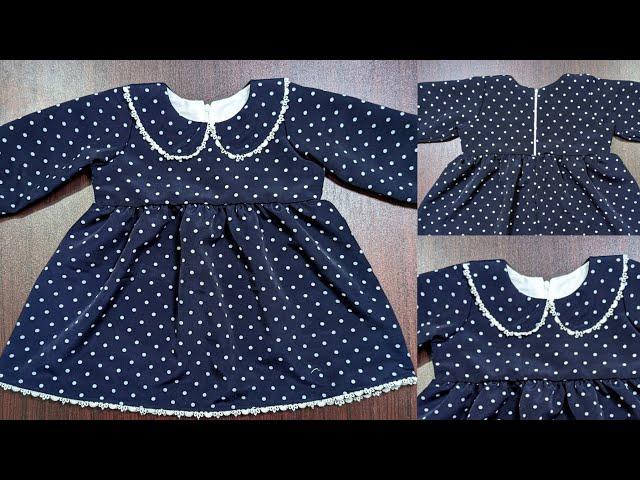 Peter Pan Collar Baby Frock Cutting and Stitching || Baby girl frock with zipper on back side