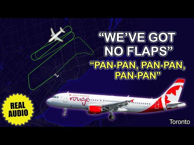 Flapless landings. Air Canada Rouge Airbus A320 declares PAN-PAN at Toronto. Real ATC