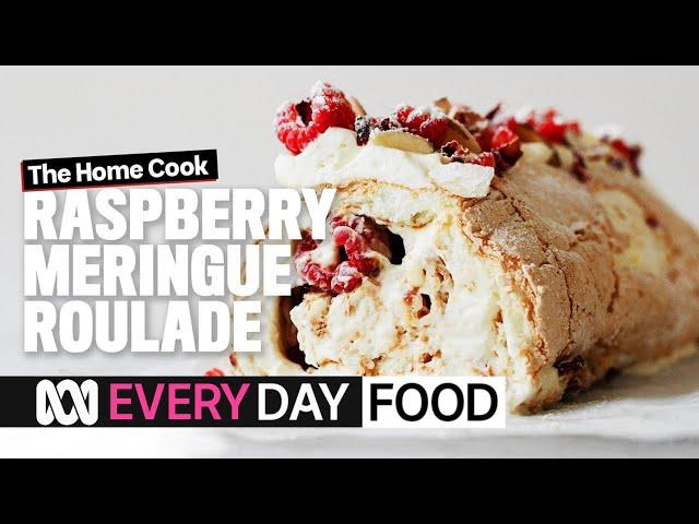 Raspberry meringue roulade with mascarpone cream | Everyday Food | ABC Australia