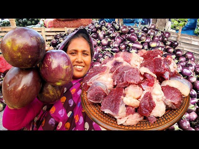 Giant Eggplant & Tasty Beef Recipe In my Village Bangla Tal Begun Cow Meat Curry Perfect Beef Curry