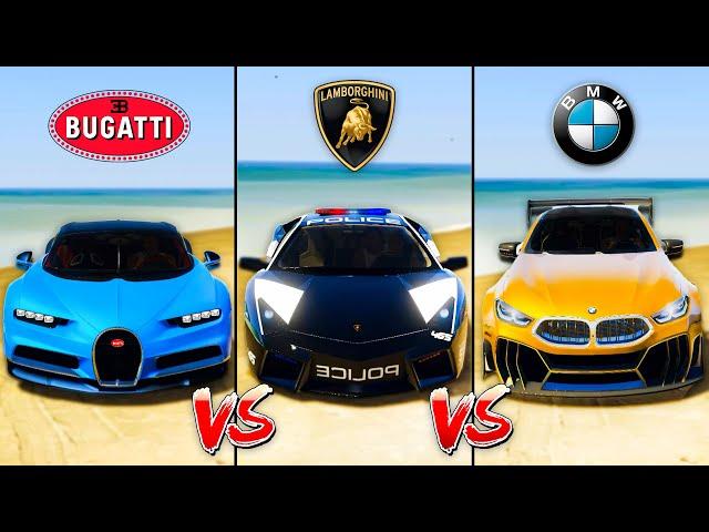 Bugatti Chiron vs Police Lamborghini Aventador vs BMW M8 Competition - GTA 5 Car Mods Which is best?