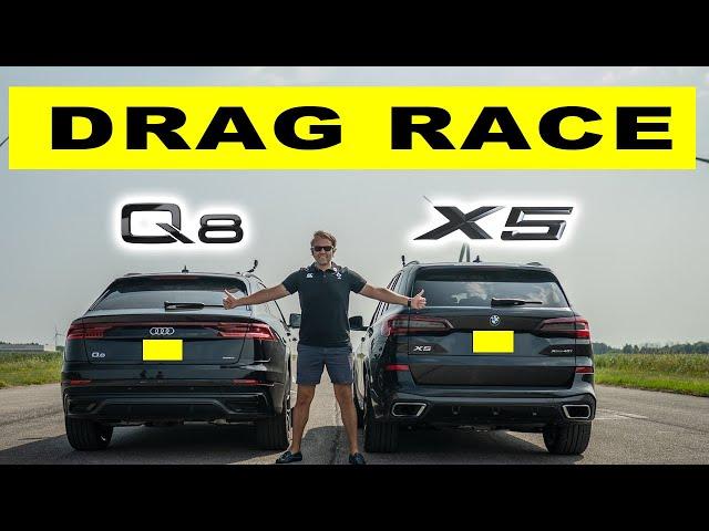 2021 BMW X5 takes on Audi Q8, drag and roll race.