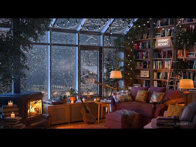 Glass House Home Library Room in Winter with Crackling Fireplace , Snow and Gentle Wind Sounds