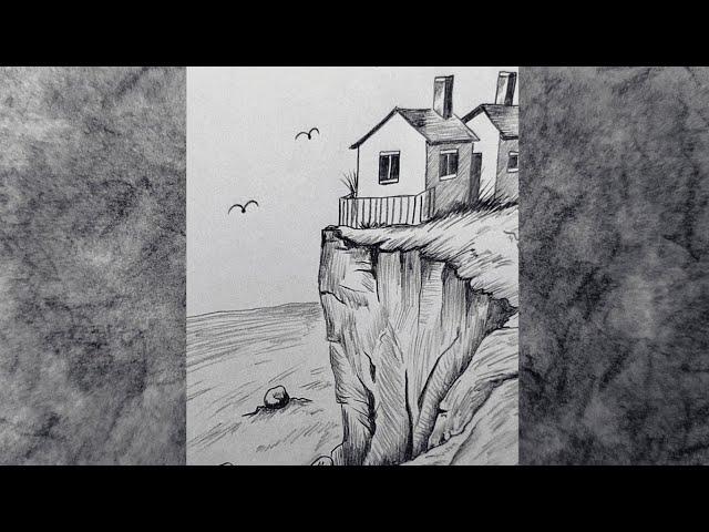 Landscape Drawing with Pencil / Pencil Sketch Tutorial for Beginners / Houses, Sea and Mountains