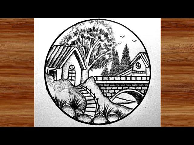 How to draw house and bridge | Bridge and house scenery drawing