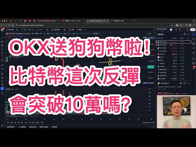 OKX送狗狗幣啦！比特幣這次反彈會結束震盪，突破十萬嗎？