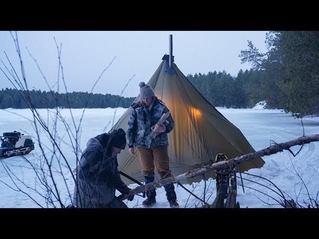 WINTER CAMPING ON LAKE ICE -25º | VALENTINES DAY TRIP | HOT TENT AND WOOD STOVE  // EFRT S8 EP7