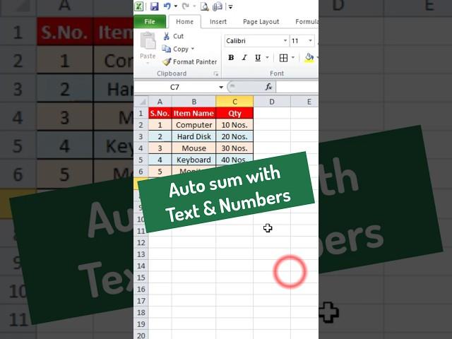 MS Excel: Autosum with Numbers and Text  #excel