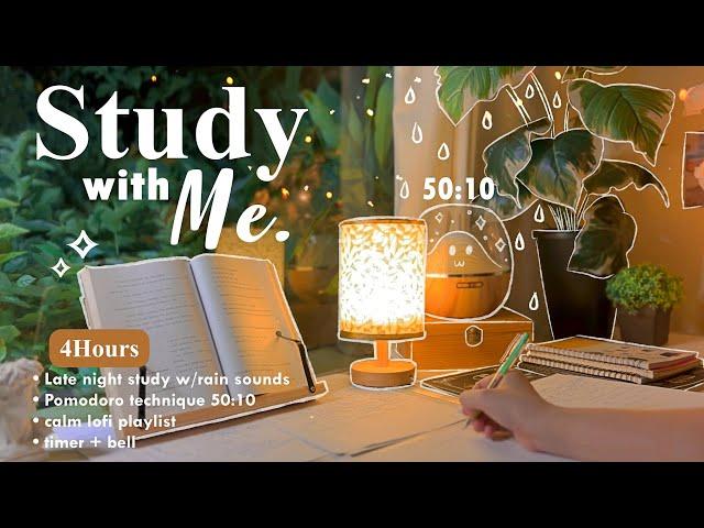 4-HOUR  Late Night Study With Me • Rain sounds + Lofi bgm • Pomodoro 50-10 • Day142