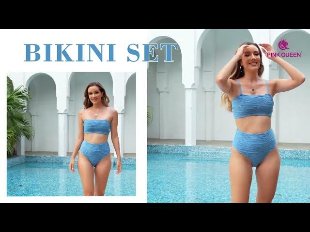 Women Bikini Set 2024 Removable Strap Textured Two Piece Swimsuits High Cut B