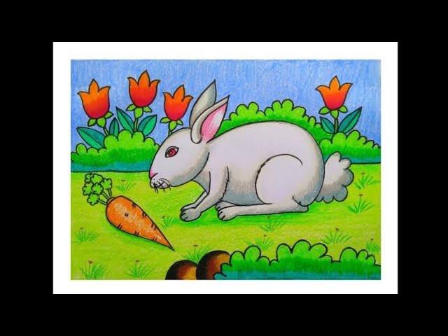 How To Draw Cute Bunny | How to Draw Rabbit Nature Scenery Drawing | Easy Nature Drawing for kids