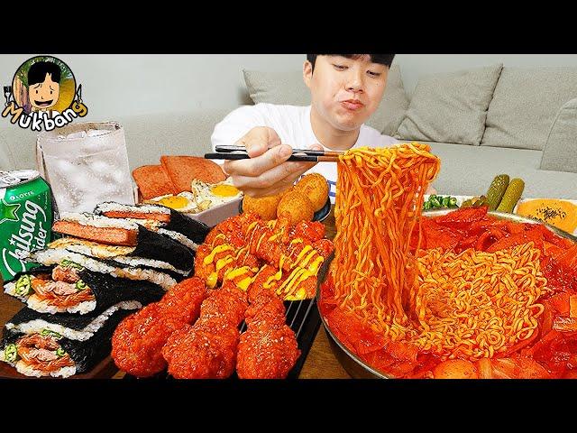 ASMR MUKBANG | RICE CAKE Tteokbokki, Fire Noodles, gimbap, spam recipe ! eating