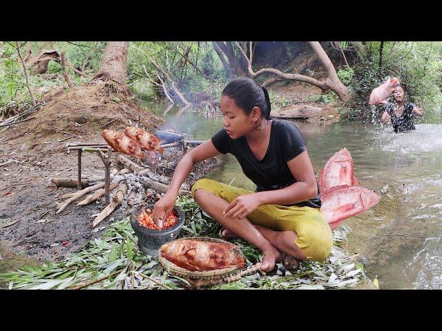 Amazing Catch Red fish in River for Food - Grilled Redfish with Chili sauce for eating delicious