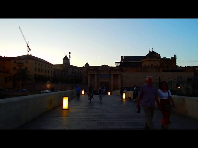 Saxofonista en el Puente Romano de Córdoba al atardecer