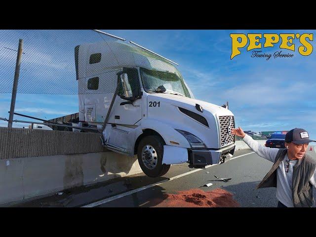 Distracted Driving or Brake Failure? Semi Crashes Onto Freeway!