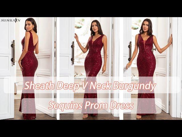 Sheath Deep V Neck Burgundy Sequins Prom Dress | Homrain 2022