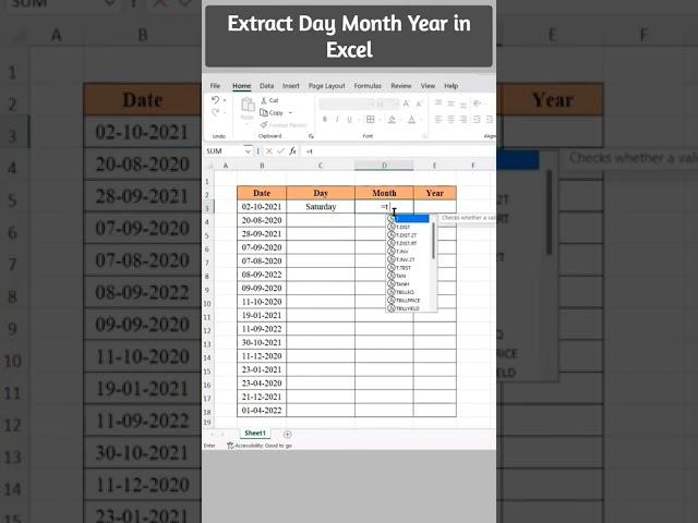 Extract Day Month & Year form a Date in Excel | #excel #excelshortsvideo #swapnjeet #exceltips