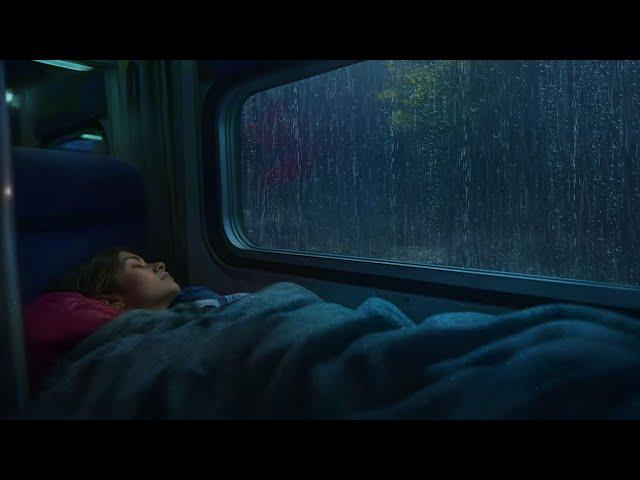 Dormir en el tren con la lluvia torrencial fuera de la ventana por la noche