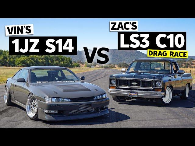 Vin vs Zac Showdown! 1JZ-swapped 240sx drag races Boomhauer the LS3-swapped Chevy C10