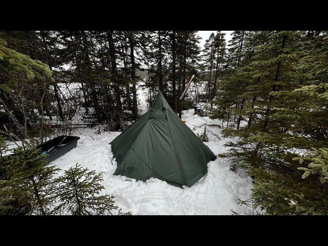 Hot Tent Winter Camping In Snowfall! Ice Fishing For Trout!