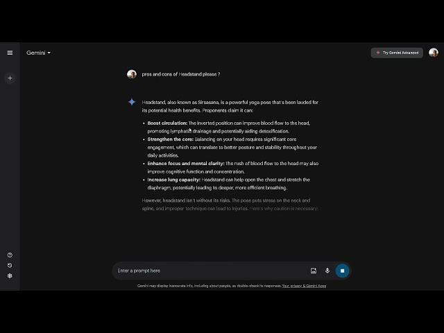 Pros cons of Headstand from Google Gemini AI with multiple response options