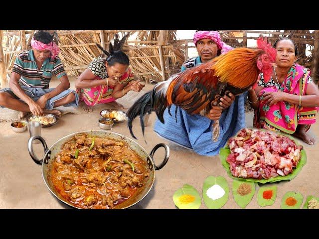 original RED COUNTRY CHICKEN curry cooking by santali tribe people and eating with hot rice