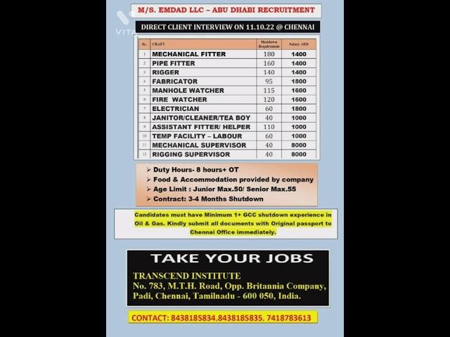 #Urgent# Interview/abroad job/Gulf job/INDIA/CHENNAI
