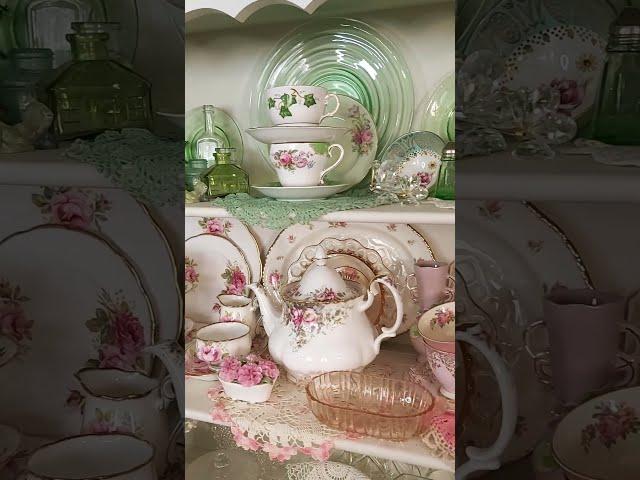 Pink and Green Vintage Porcelain and Depression Glass | Farmhouse Hutch Decor #pink #green #vintage