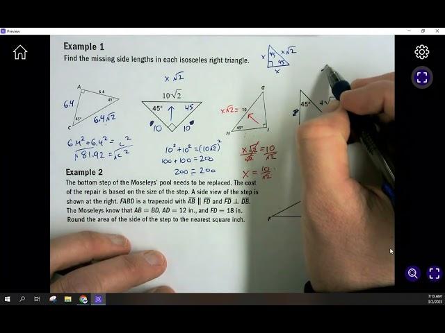 Geometry - Lesson 8.7 Special Right Triangles (Part 1 - 45-45-90)