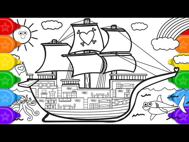 Glitter House on the Sea Coloring and Drawing for Kids, How to Draw a Pirate Ship coloring page