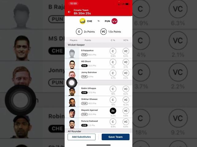 che vs pun my 11 circle ￼Perfect team squad ￼