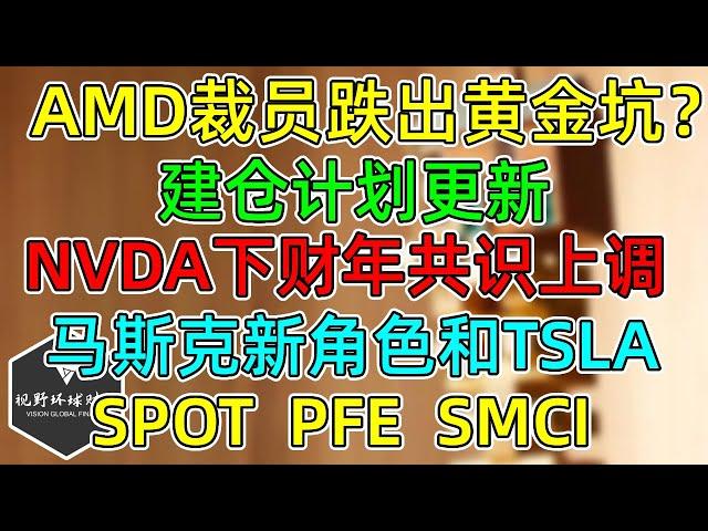 美股 AMD裁员跌出黄金坑？建仓计划！NVDA下财年估值上调！马斯克新职位影响TSLA？SPOT、PFE、SMCI更新！