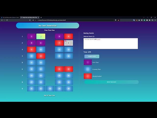 Bus Seat Reservation System in JavaScript DEMO