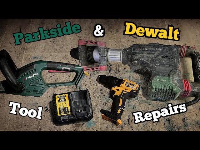 Repairing a Parkside demo hammer, hedge trimmer and a dewalt drill and charger.