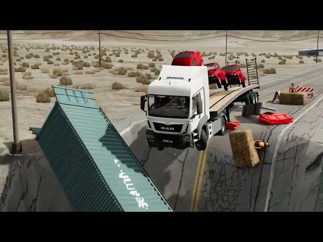 Double Flatbed Trailer Truck vs Speedbumps Train vs Cars Beamng.Drive