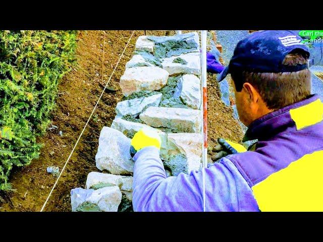 NATURSTEIN HANGMAUER |GRAUWACKE VERMÖRTELT PROFI MAURER TIPPS |STEINHAUER BAUSTELLE,ARBEIT ANLEITUNG