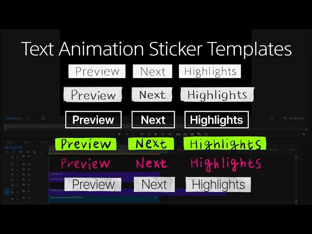 Animated sticker templates for showing 'Preview', 'Highlights', and 'Next' - MOV, GreenScreen, PNG