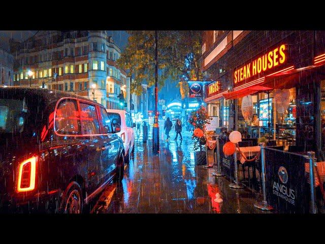 Rainy London Night Walk Ambience, West End City Streets Light Reflections