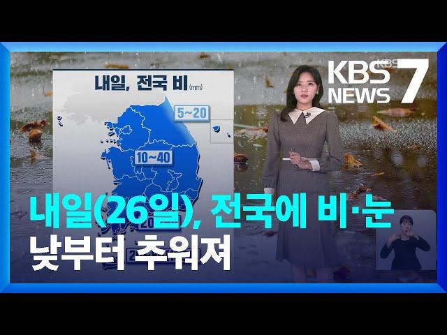 [날씨] 내일(26일), 전국에 비·눈…낮부터 추워져 / KBS  2024.11.25.