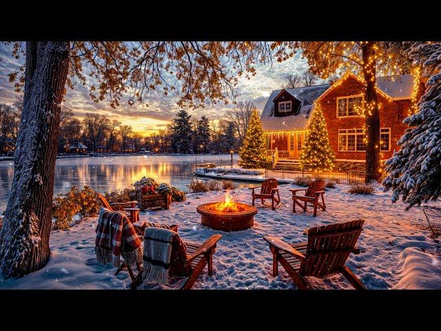 Serene Christmas Retreat: Cozy Cabin with Gentle Snowfall, Warm Fire Pit. Relax Winter Ambience