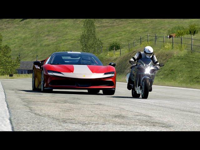 Ferrari SF90 Stradale Fiorano vs Kawasaki Ninja H2 vs Pagani Zonda R vs Bugatti Chiron at Old SPA